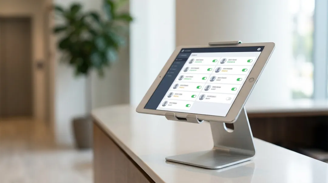Tablet com app de check-in para eventos exibindo lista de presença na recepção