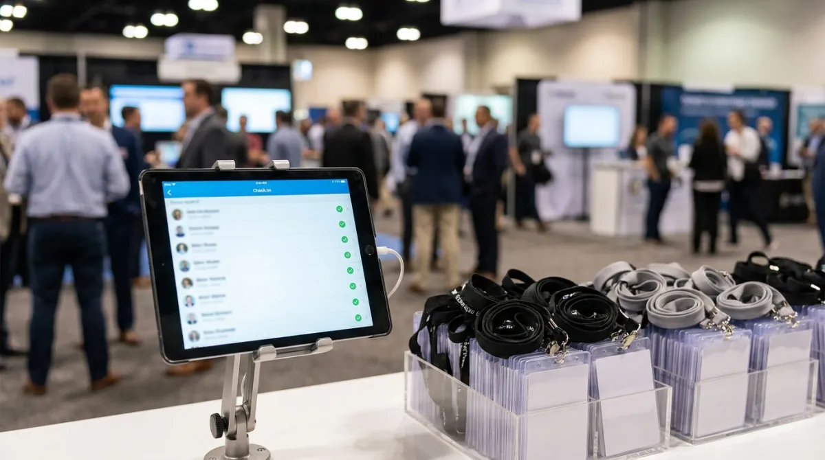 Tablet com app de check-in para eventos exibindo lista de presença na entrada