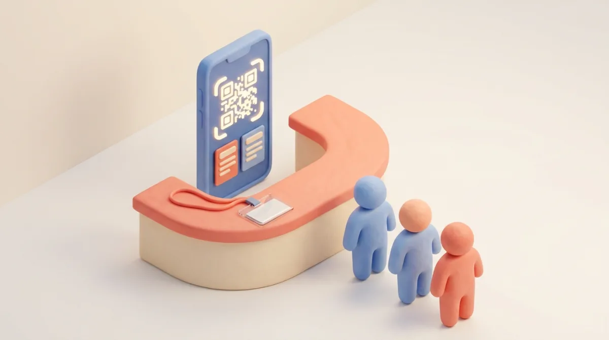 Ilustração isométrica 3D de um balcão de credenciamento com app de evento exibindo QR code para check-in e uma credencial