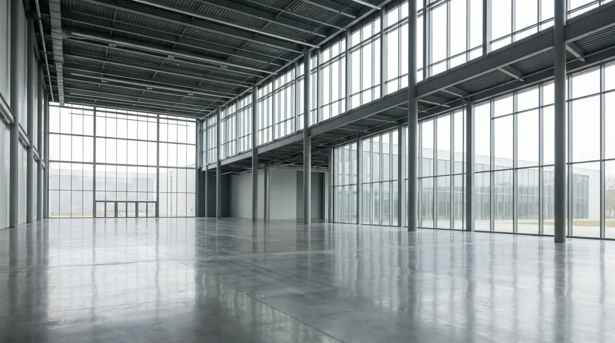 Interior amplo e moderno de um centro de convenções vazio, com pé-direito alto e luz natural