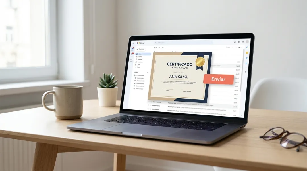 Certificado digital exibido na tela de um laptop, pronto para envio por e-mail