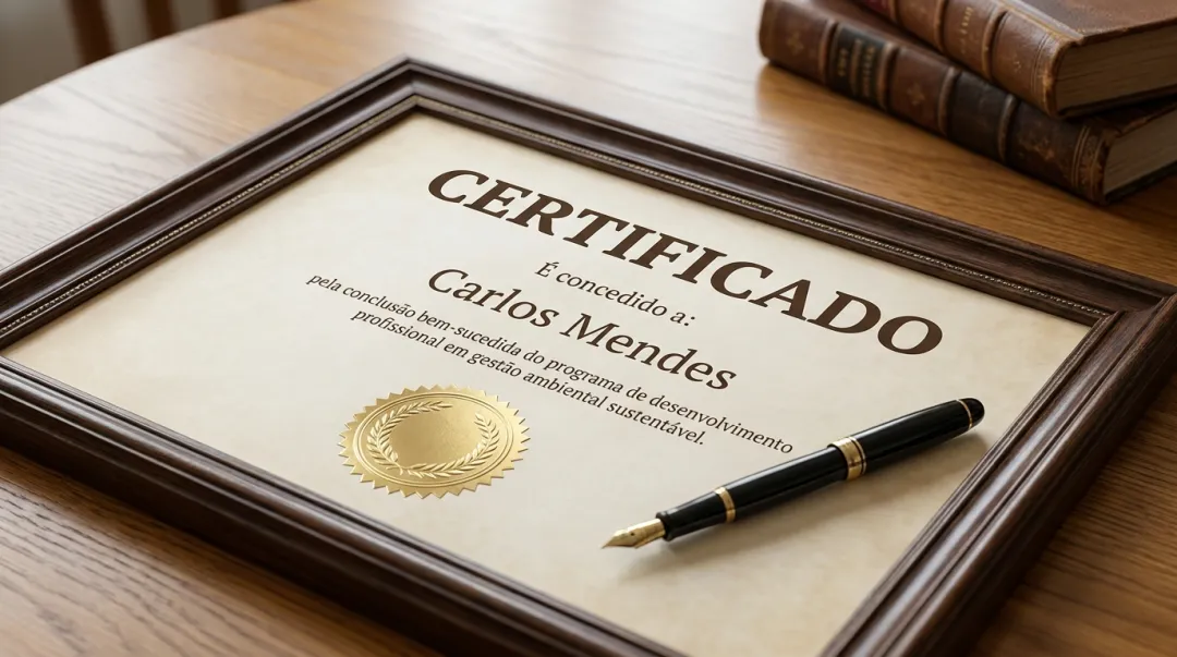 Certificado de participação elegante com moldura, selo dourado e linhas em branco sobre uma mesa