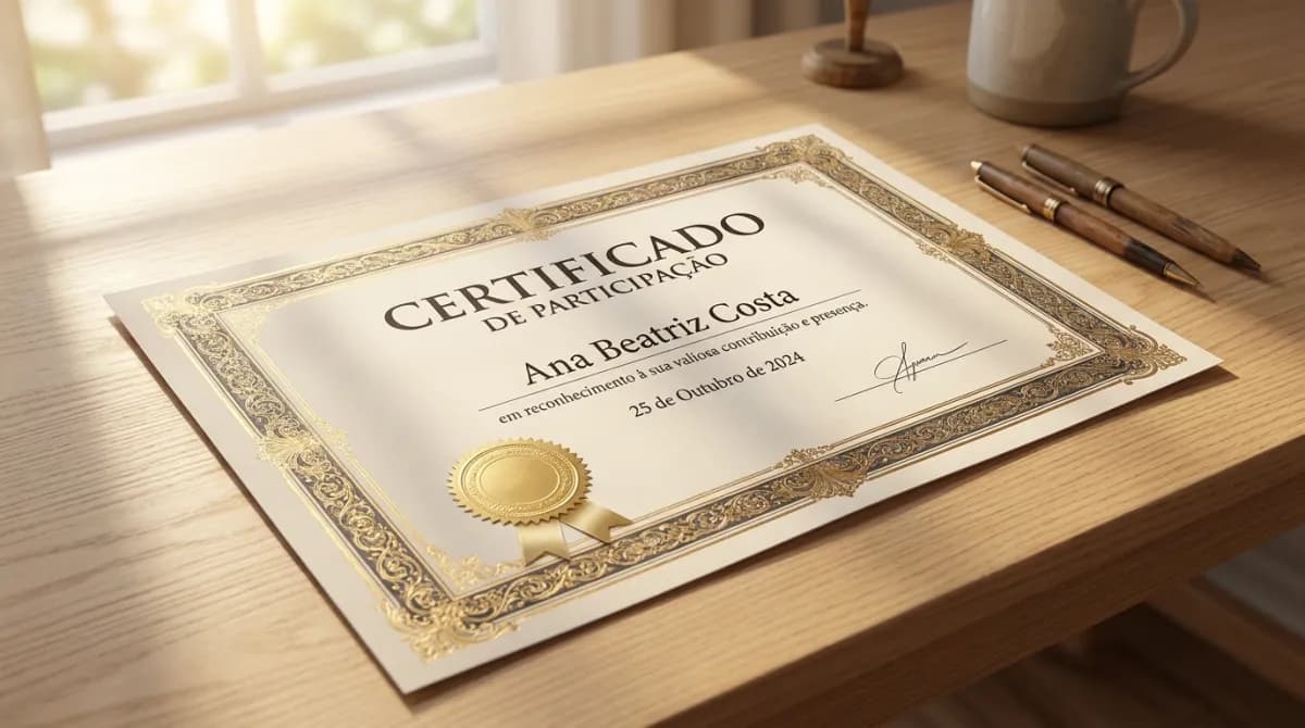 Certificado de participação elegante com moldura, selo e linhas em branco sobre uma mesa