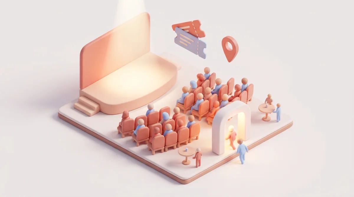 Ilustração isométrica 3D de um evento com a plateia enchendo as cadeiras e público entrando por uma entrada iluminada