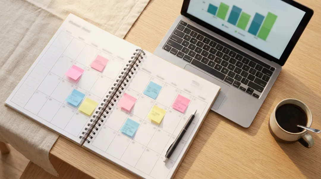 Mesa de marketing com calendário de conteúdo e planejamento de divulgação de evento