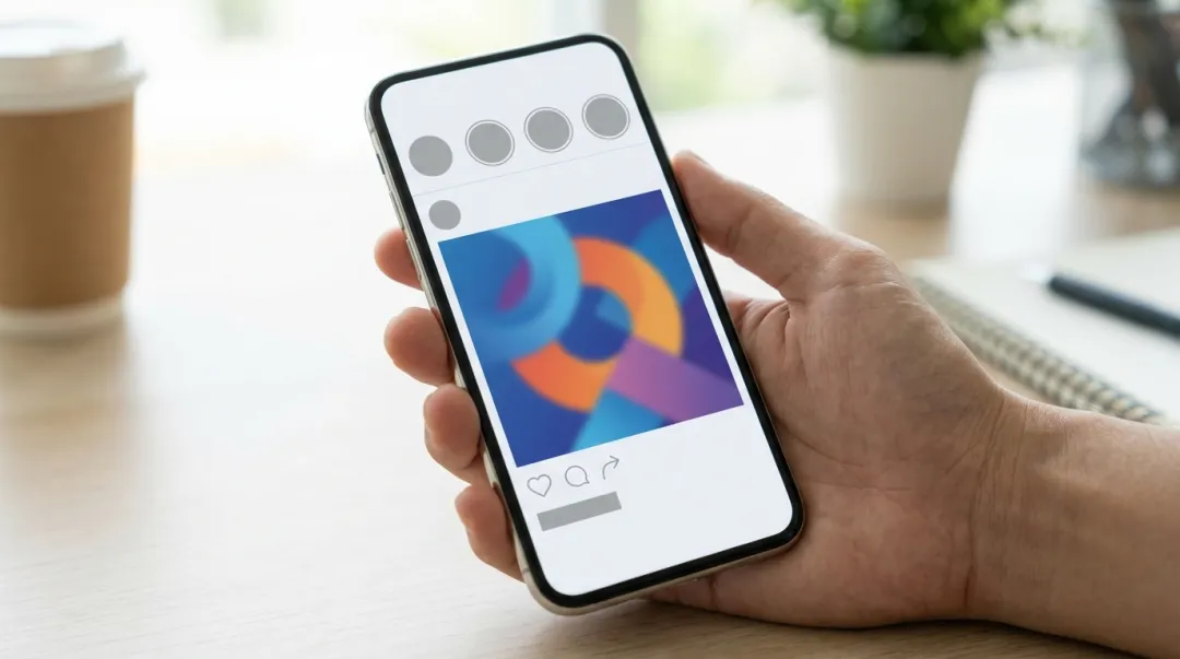 Celular exibindo a divulgação de um evento nas redes sociais com stories e feed