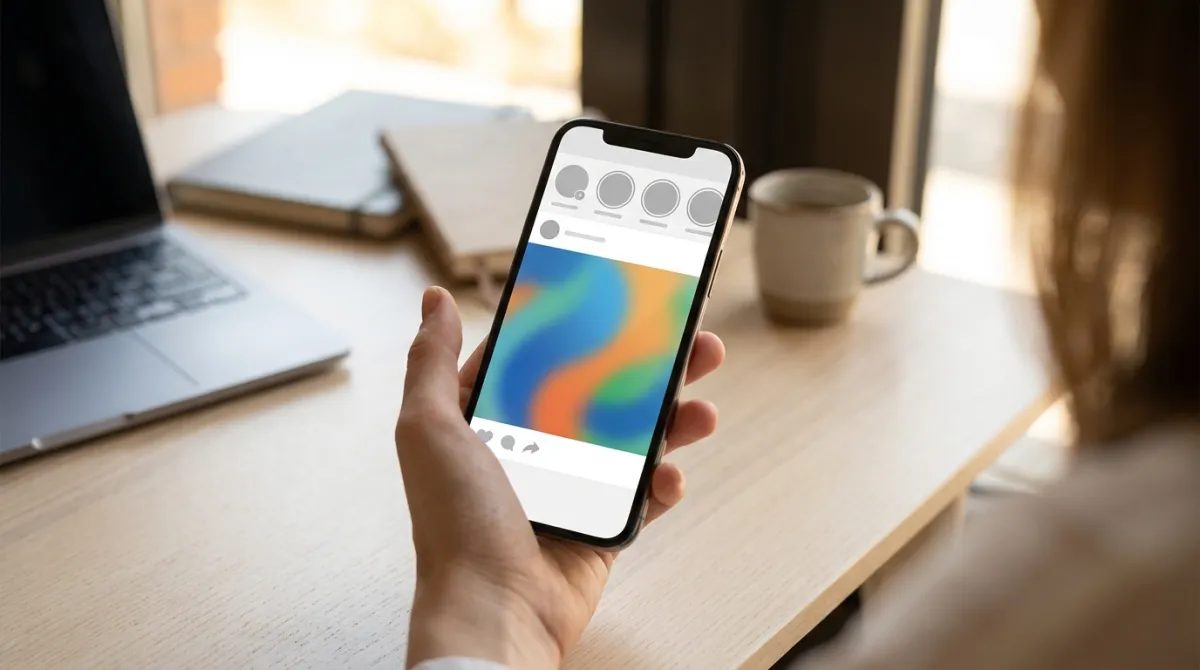 Celular exibindo a divulgação de um evento nas redes sociais sobre mesa de trabalho