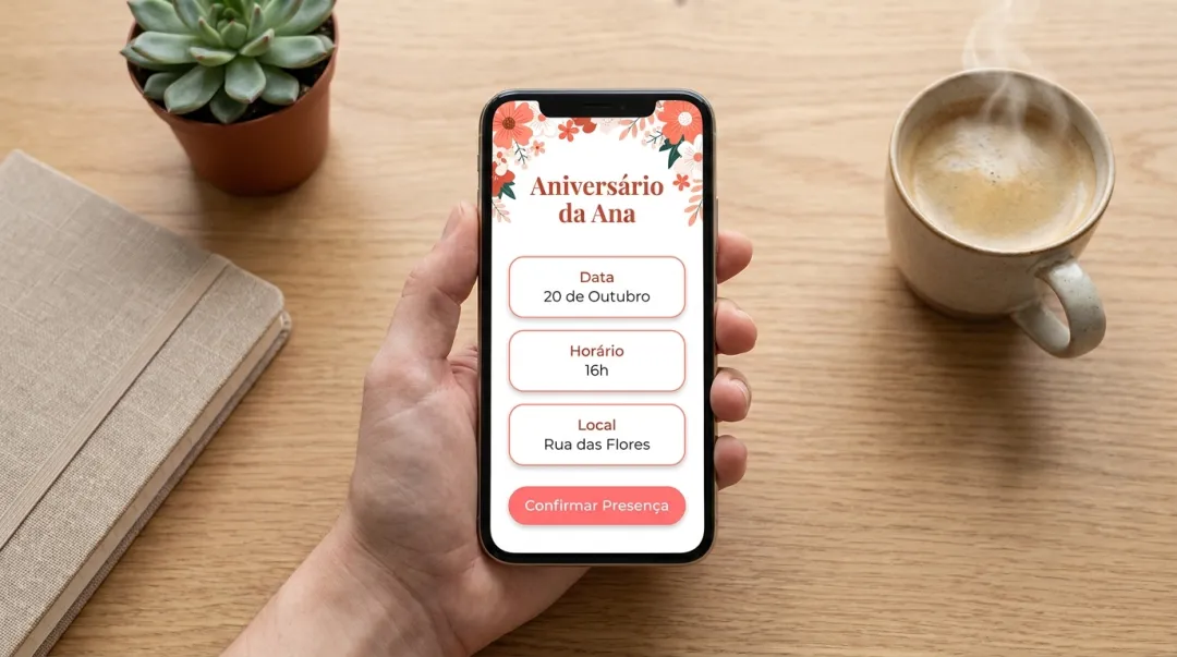 Smartphone mostrando um convite digital ao lado de itens de planejamento de festa