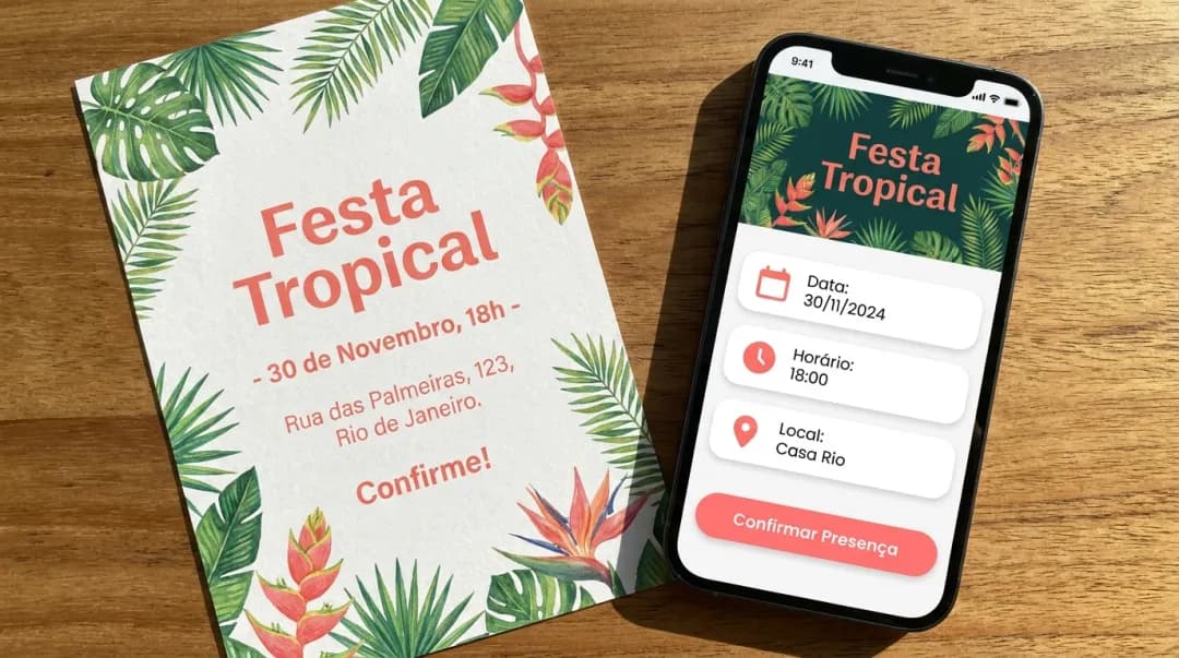 Convite de papel impresso ao lado de um smartphone com um convite digital