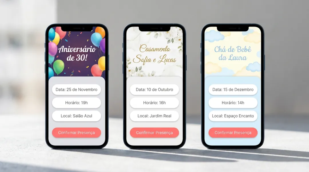 Vários modelos de convite digital exibidos em telas de celular