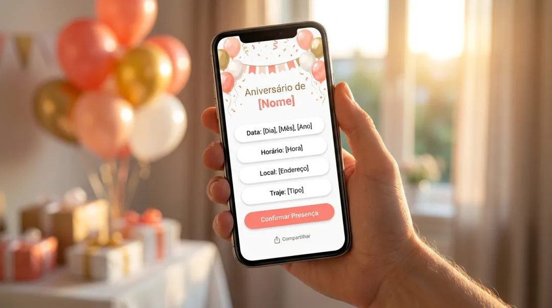 Mão segurando um smartphone para enviar um convite de festa, com decoração ao fundo