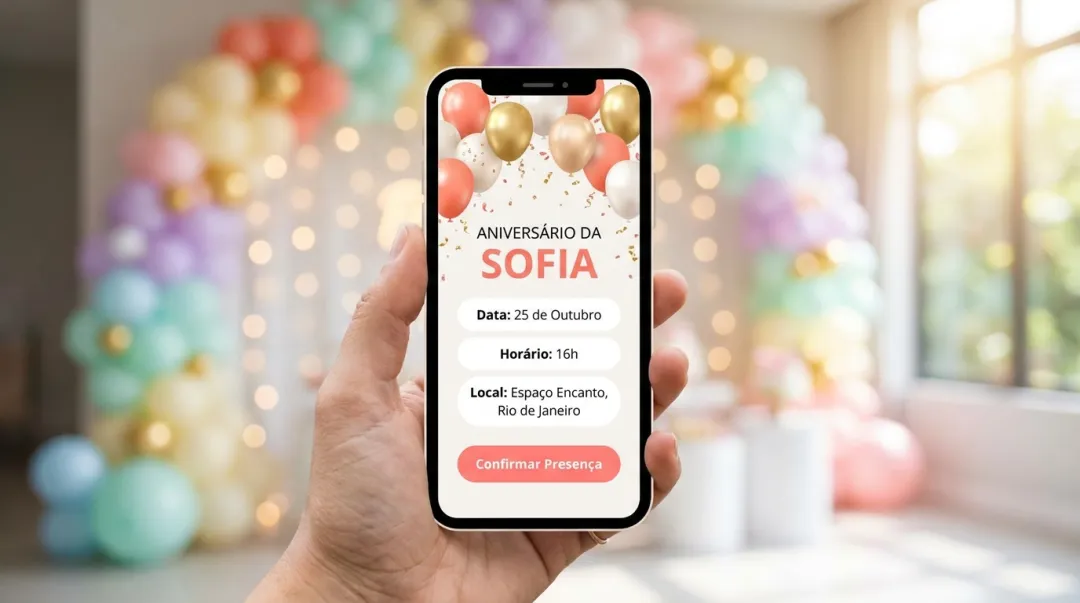 Smartphone mostrando um convite de aniversário colorido cercado por balões e confete