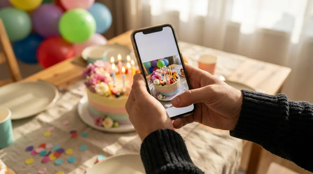Celular fotografando um bolo de aniversário decorado sobre a mesa