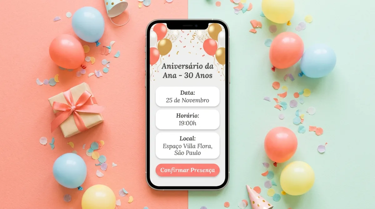 Smartphone criando um convite de aniversário cercado por itens de festa
