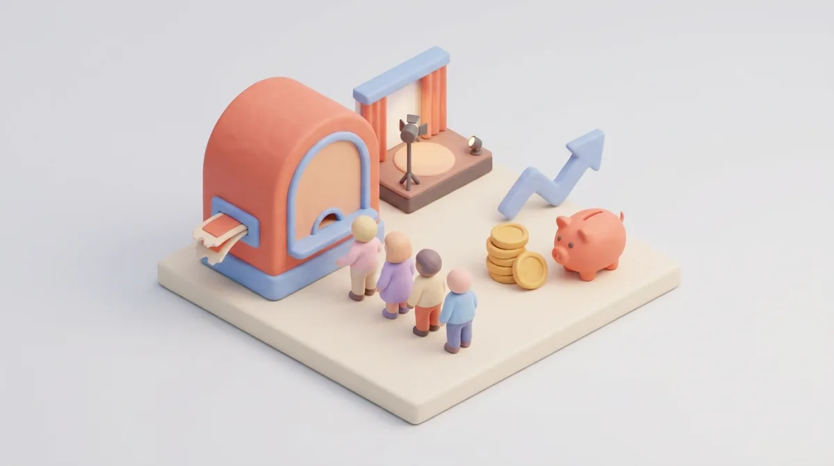 Ilustração isométrica 3D de uma bilheteria de evento com fila comprando ingressos, moedas e gráfico de crescimento