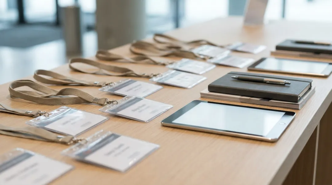 Balcão de credenciamento de conferência com crachás e cordões organizados e tablets de check-in sobre a bancada