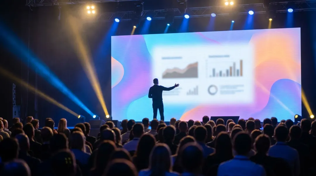 Palestrante keynote em um palco de conferência diante de um telão, com a plateia em silhueta voltada para a apresentação