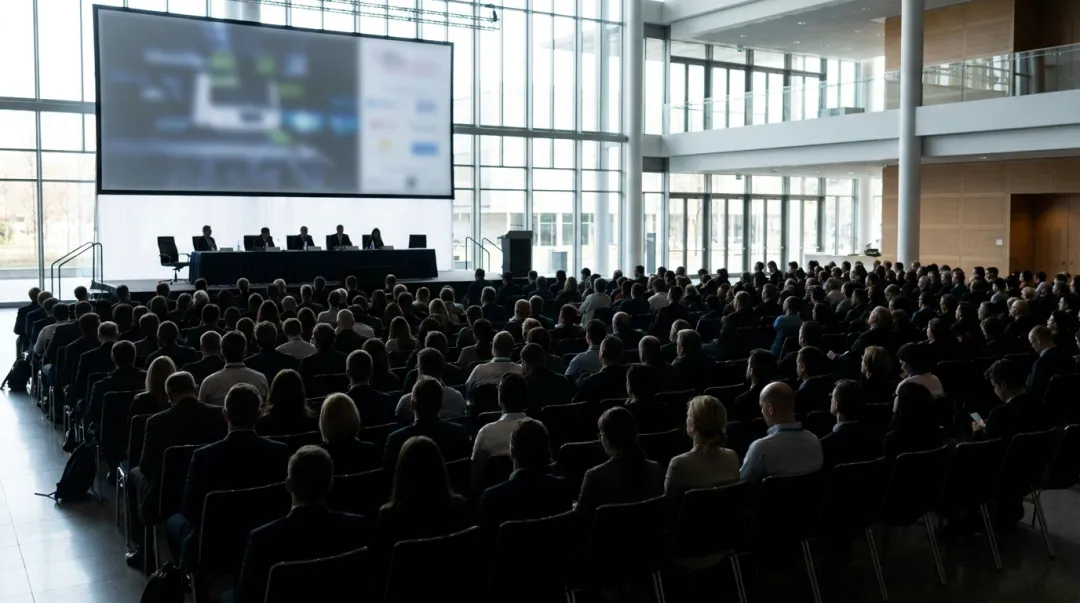 Salão de conferência com plateia em silhueta diante de um palco com painel de palestrantes e telão ao fundo