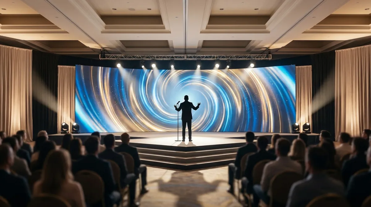 Palco de conferência com telão iluminado e plateia voltada para a apresentação de um palestrante keynote