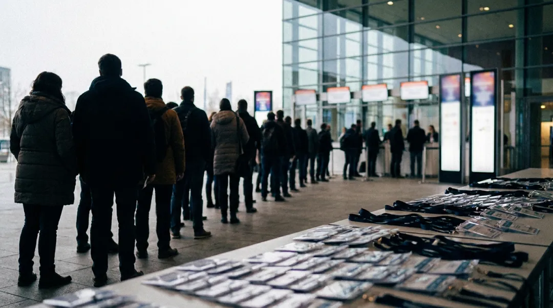 Fila de credenciamento em massa na entrada de um centro de convenções