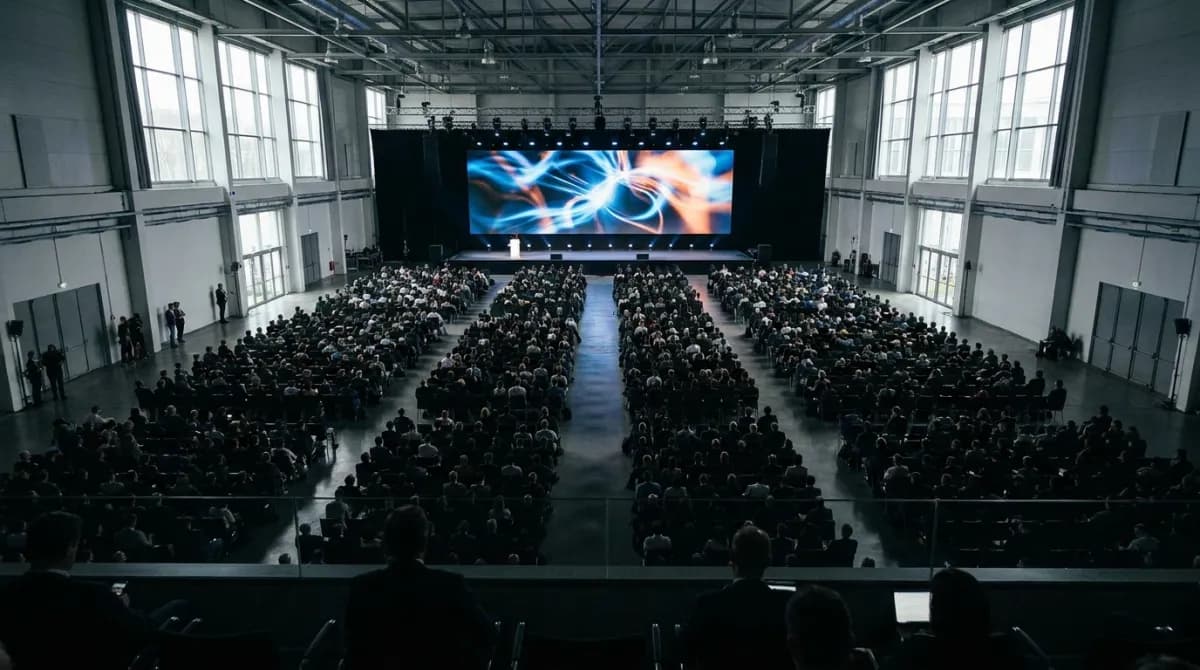Grande auditório de congresso com plateia voltada para um palco com telão