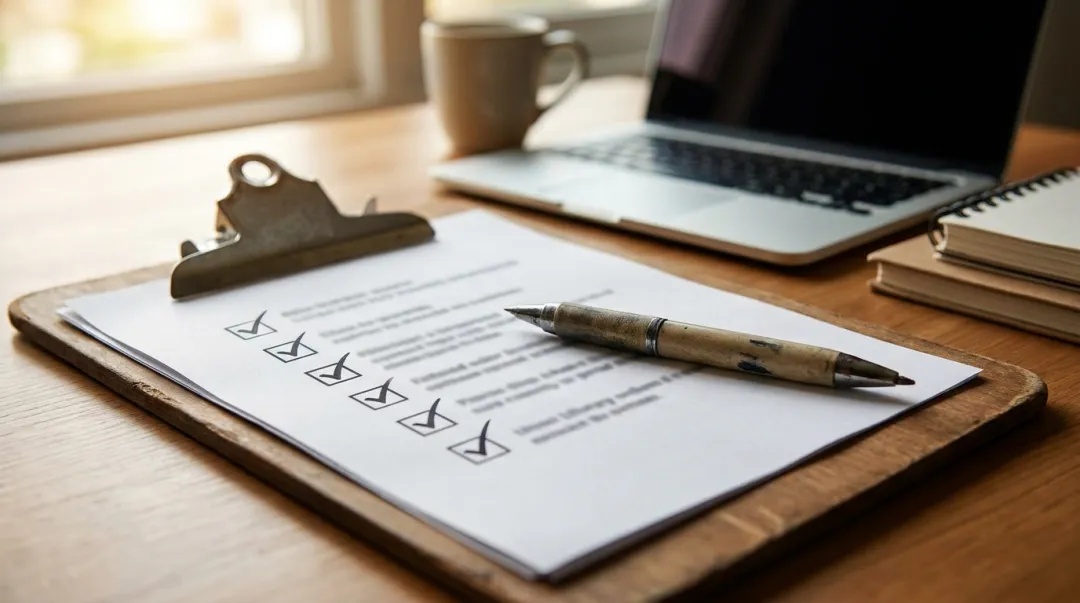 Checklist de organização de evento marcado em uma prancheta sobre a mesa