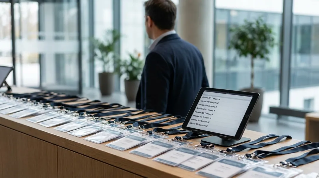 Balcão de credenciamento com crachás e tablet de check-in, equipe de recepção ao fundo