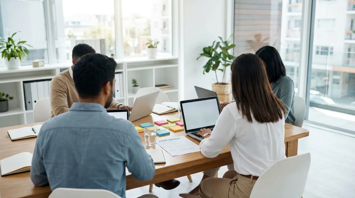 Equipe corporativa coordenando o planejamento de um evento em uma sala de reunião