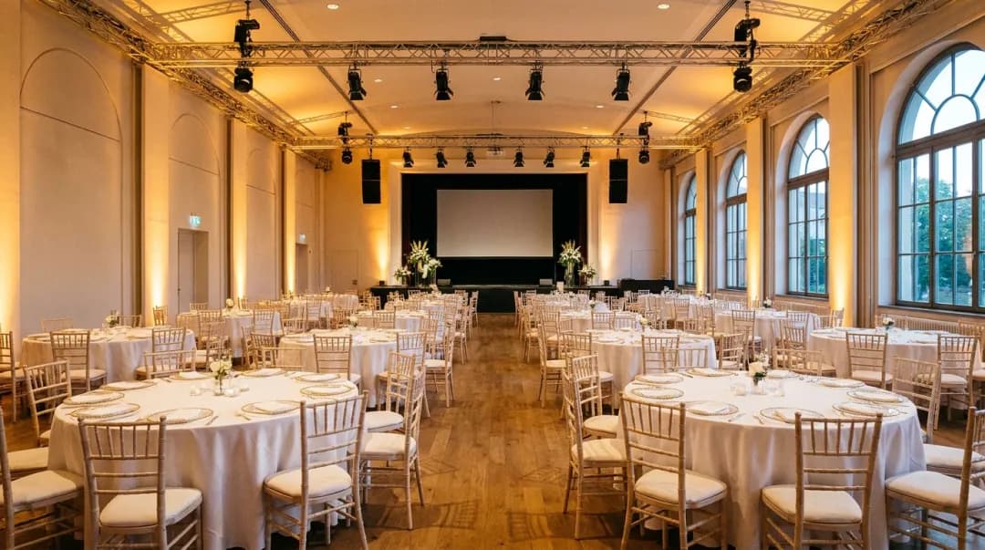 Espaço de evento elegante sendo montado com mesas, cadeiras e iluminação