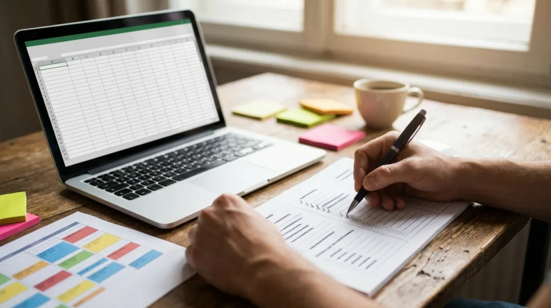 Mesa de planejamento de evento com checklist, caneta e notebook