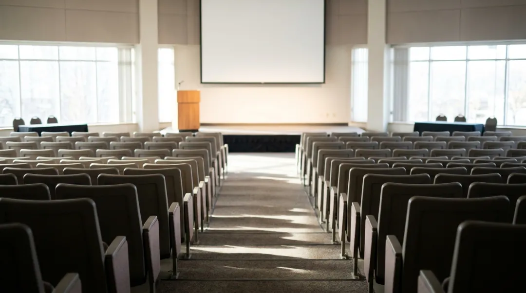 Auditório montado com fileiras de cadeiras e palco iluminado ao fundo antes da palestra
