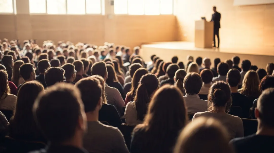 Plateia atenta a uma palestra em auditório, vista de trás, com palco iluminado ao fundo