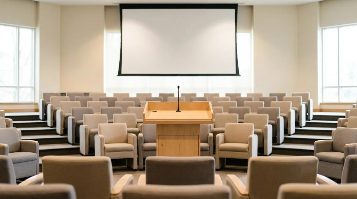 Palco de palestra com púlpito e auditório montado antes da plateia chegar