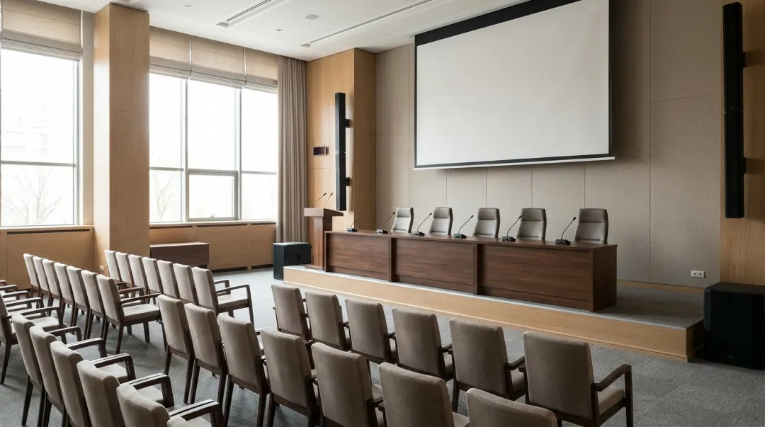 Auditório com cadeiras em fileiras voltadas ao palco e mesa de debate com microfones preparada para seminário