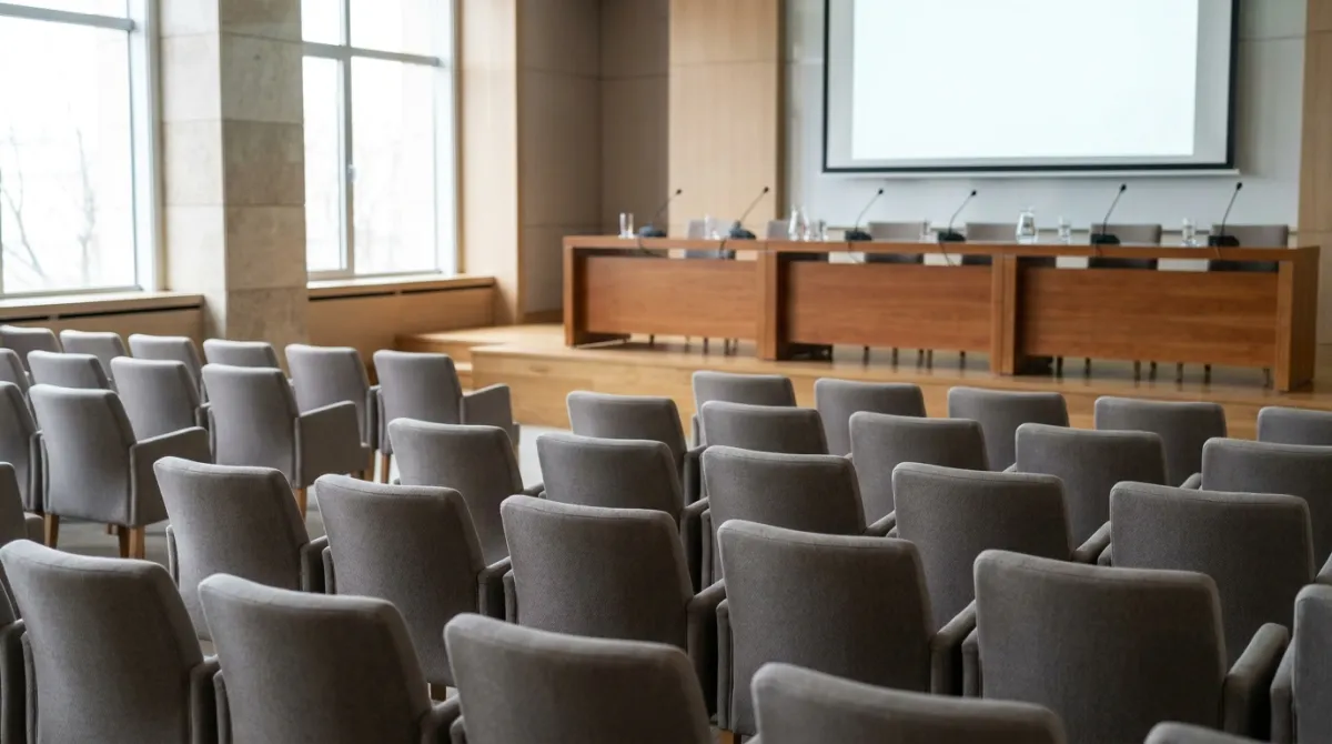 Auditório preparado para seminário com cadeiras voltadas ao palco e mesa de debate