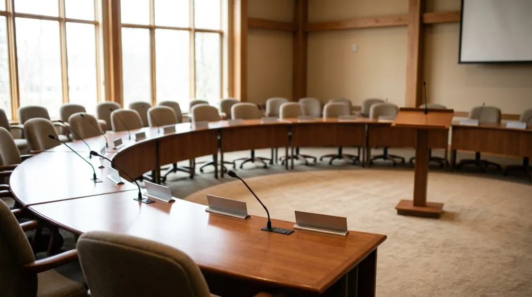 Sala em formato de mesa redonda preparada para o debate de um simpósio, com microfones e cadeiras dispostas em semicírculo