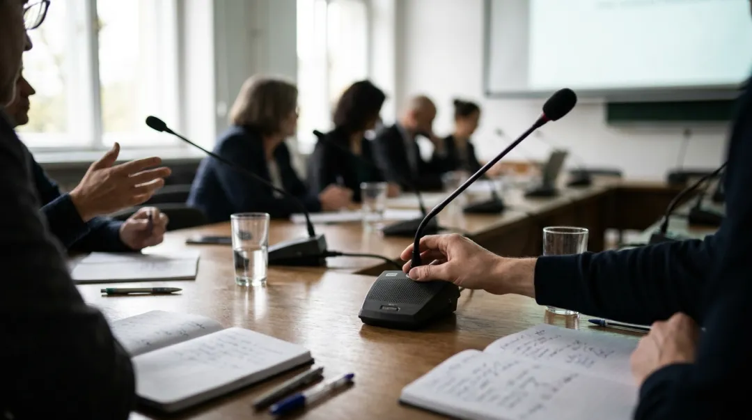 Painel de especialistas debatendo em um simpósio acadêmico com microfones sobre a mesa