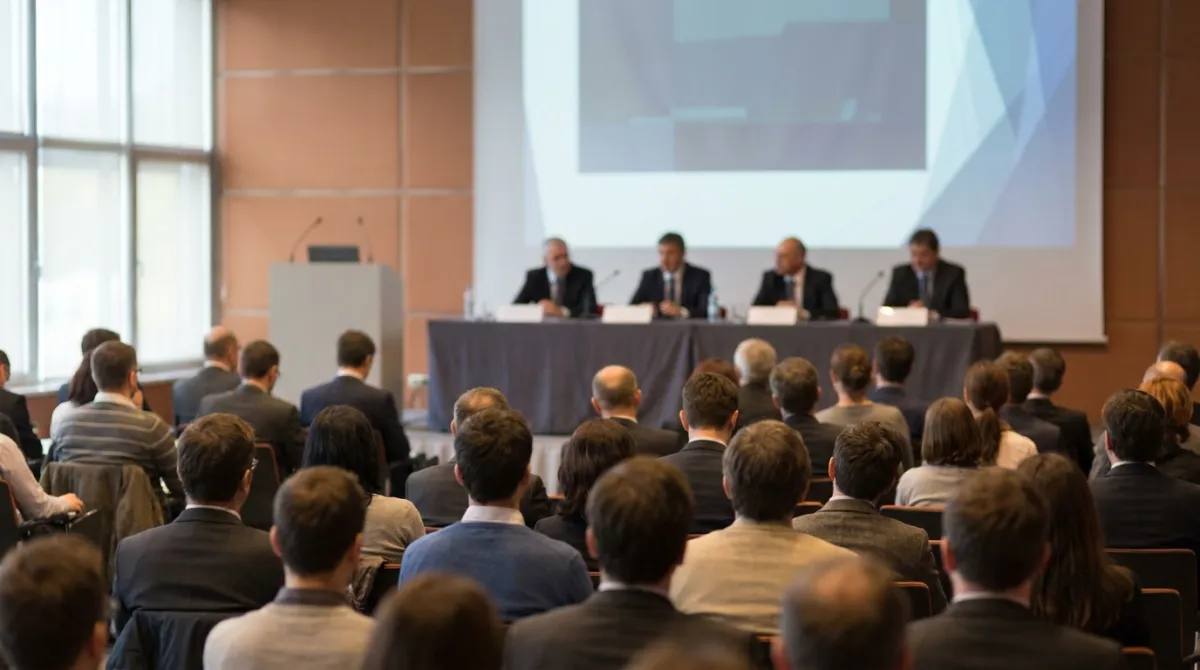 Mesa de especialistas debatendo em um simpósio acadêmico com microfones e plateia técnica