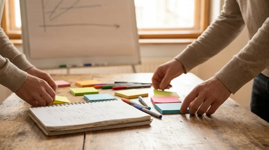 Mesa com materiais de workshop, flip chart e post-its para atividade em grupo