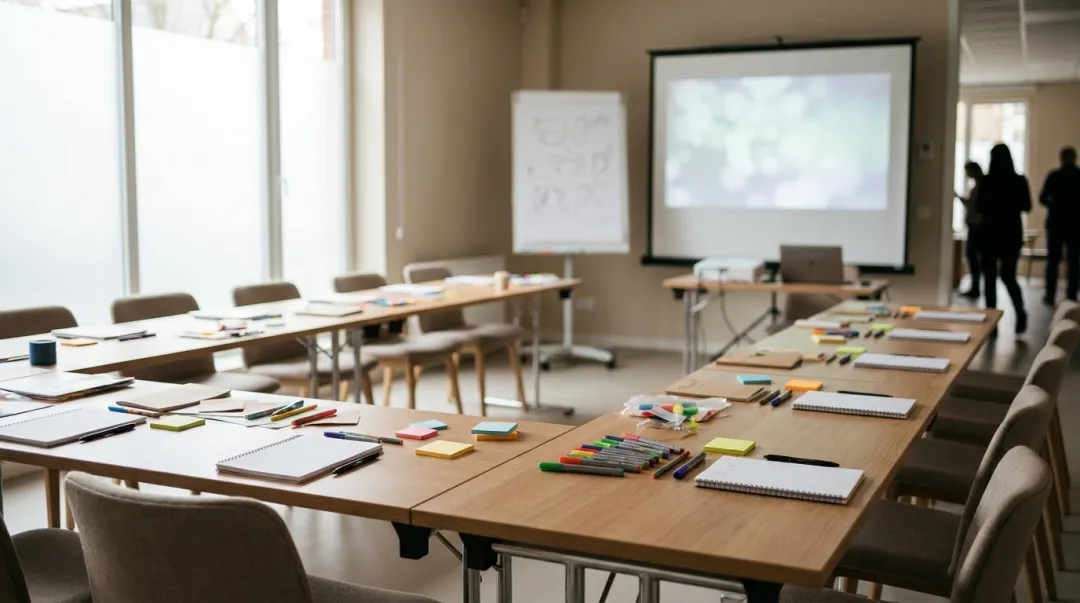 Sala de workshop com mesas dispostas em U e materiais de atividade prática