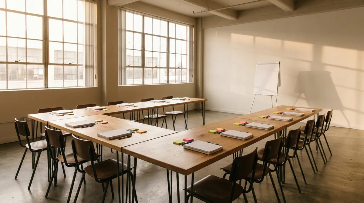 Sala de workshop com mesas em U e materiais para atividade prática em grupo