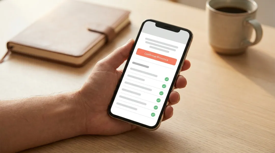 Convite digital de evento sendo enviado pelo celular, com confirmações organizadas