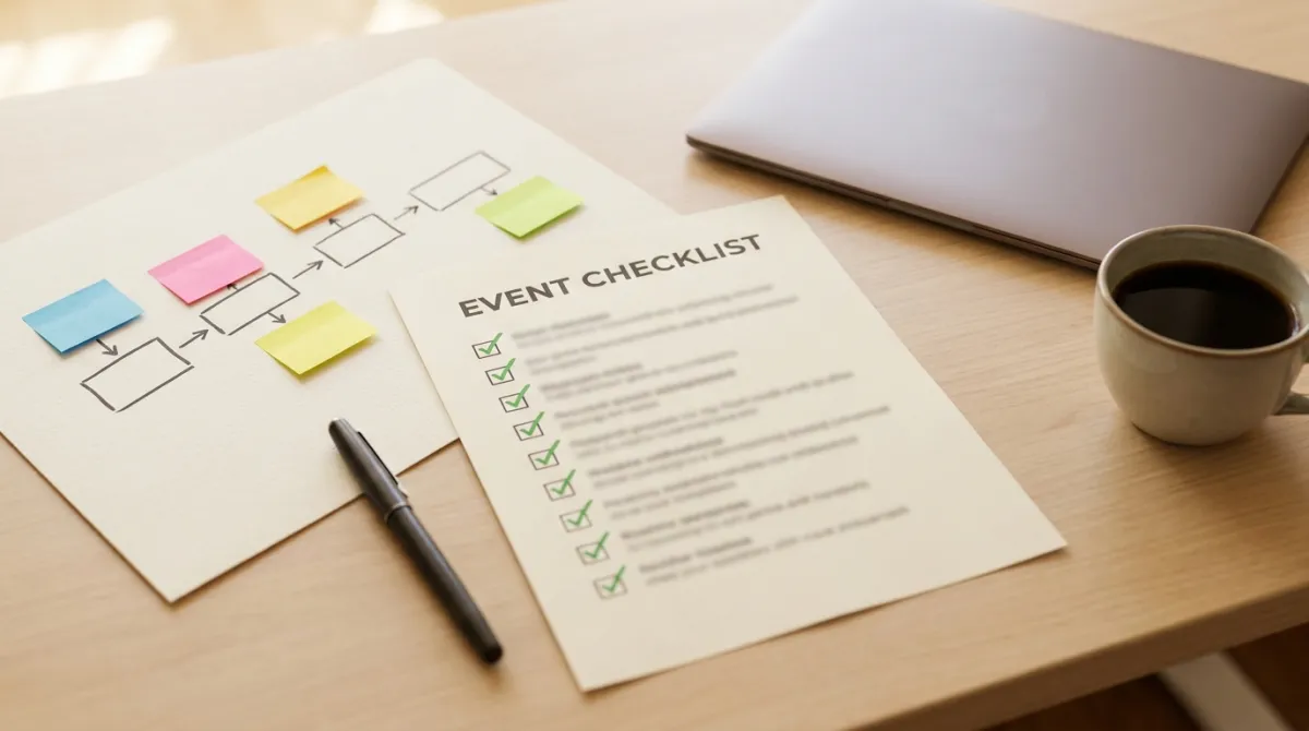Checklist e cronograma de planejamento de evento sobre uma mesa de trabalho