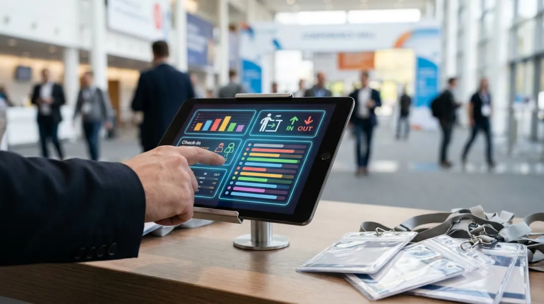 Tablet com painel de contagem de entradas e saídas em um ponto de credenciamento de evento