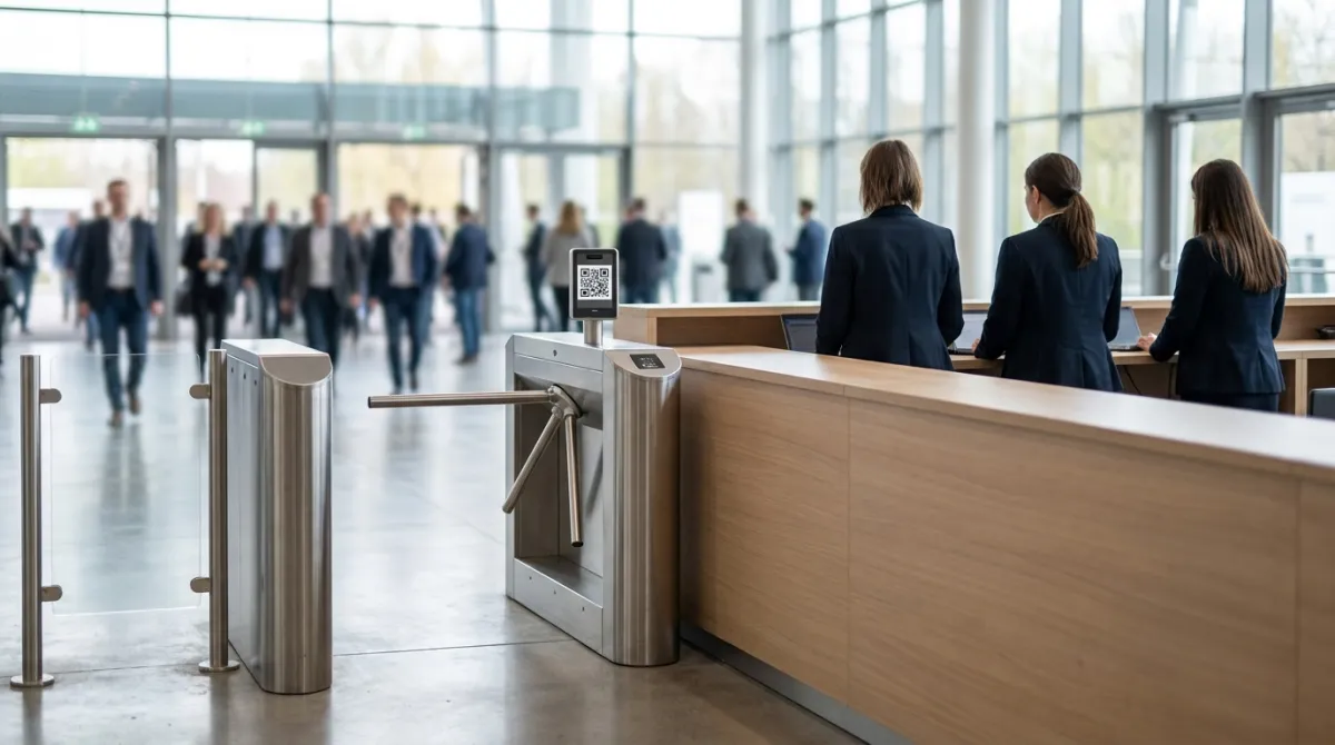 Portão de entrada de evento com leitura de QR code e equipe de recepção controlando o acesso