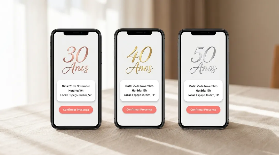 Convites de 30, 40 e 50 anos exibidos lado a lado no celular, em rose gold, dourado e prata