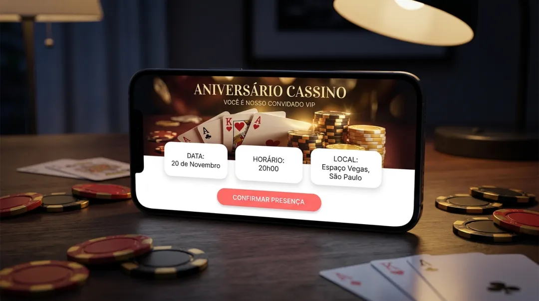 Convite temático de aniversário adulto estilo cassino glamour exibido no celular