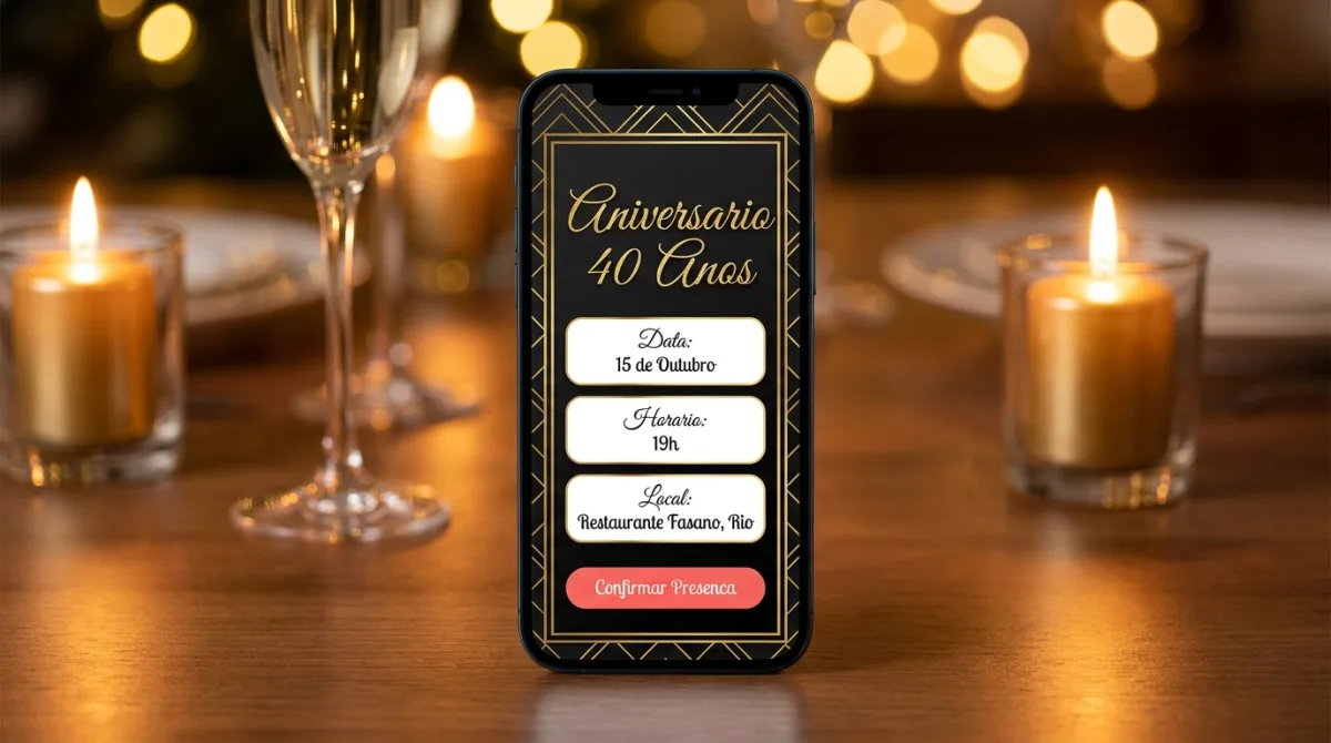 Convite elegante de aniversário adulto em preto e dourado exibido no celular