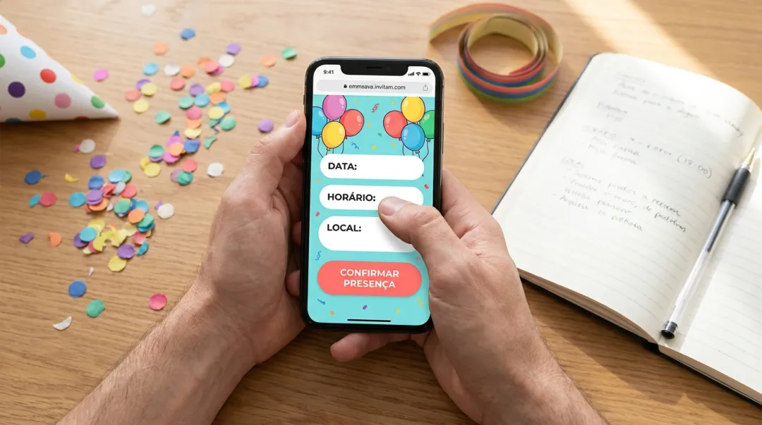 Mãos personalizando um convite de aniversário infantil no celular