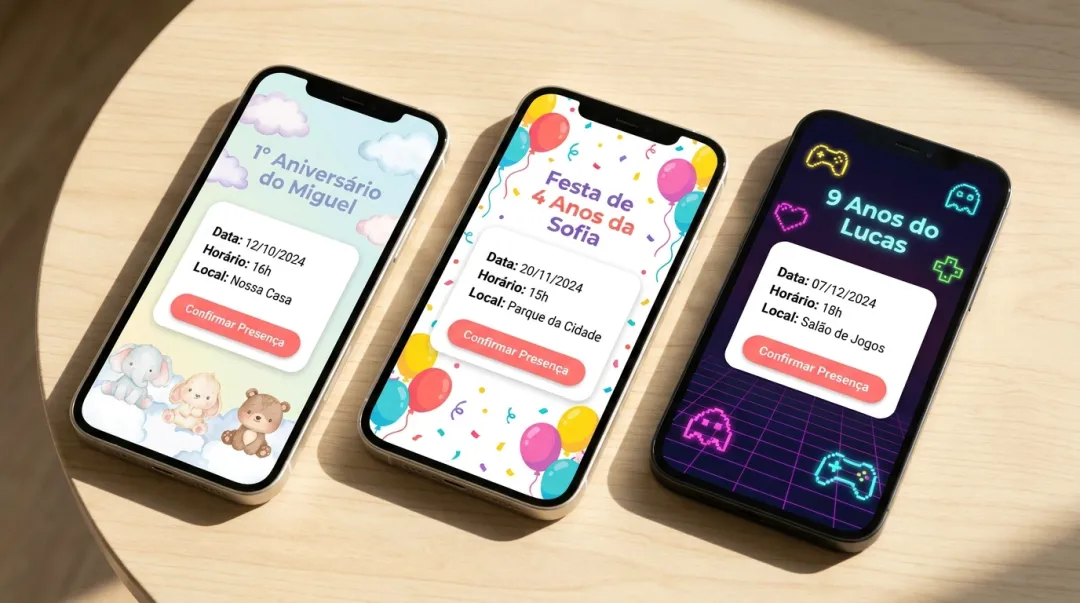 Convites de aniversário infantil para diferentes idades exibidos no celular